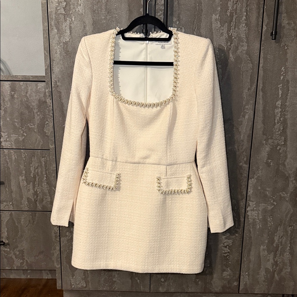 NADINE MERABI Natalie Short Cream Dress with Pearl and Gold Accents
